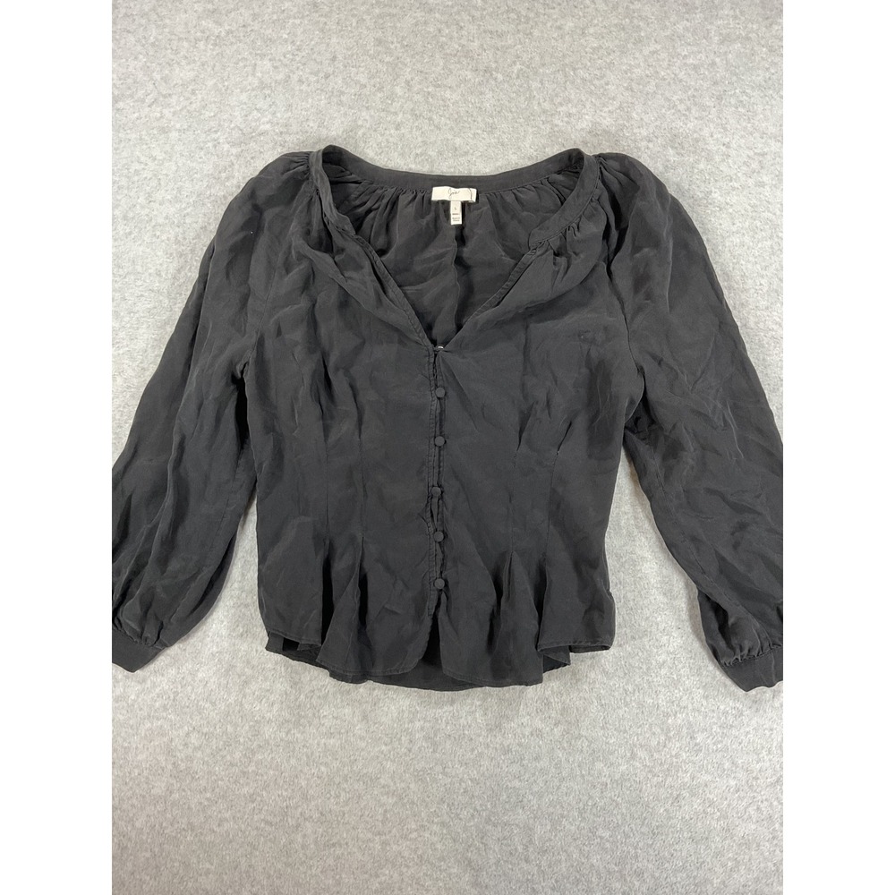Joie Women Black 100% Silk Button Front Peplum Blouse V-Neck Top Small 2534